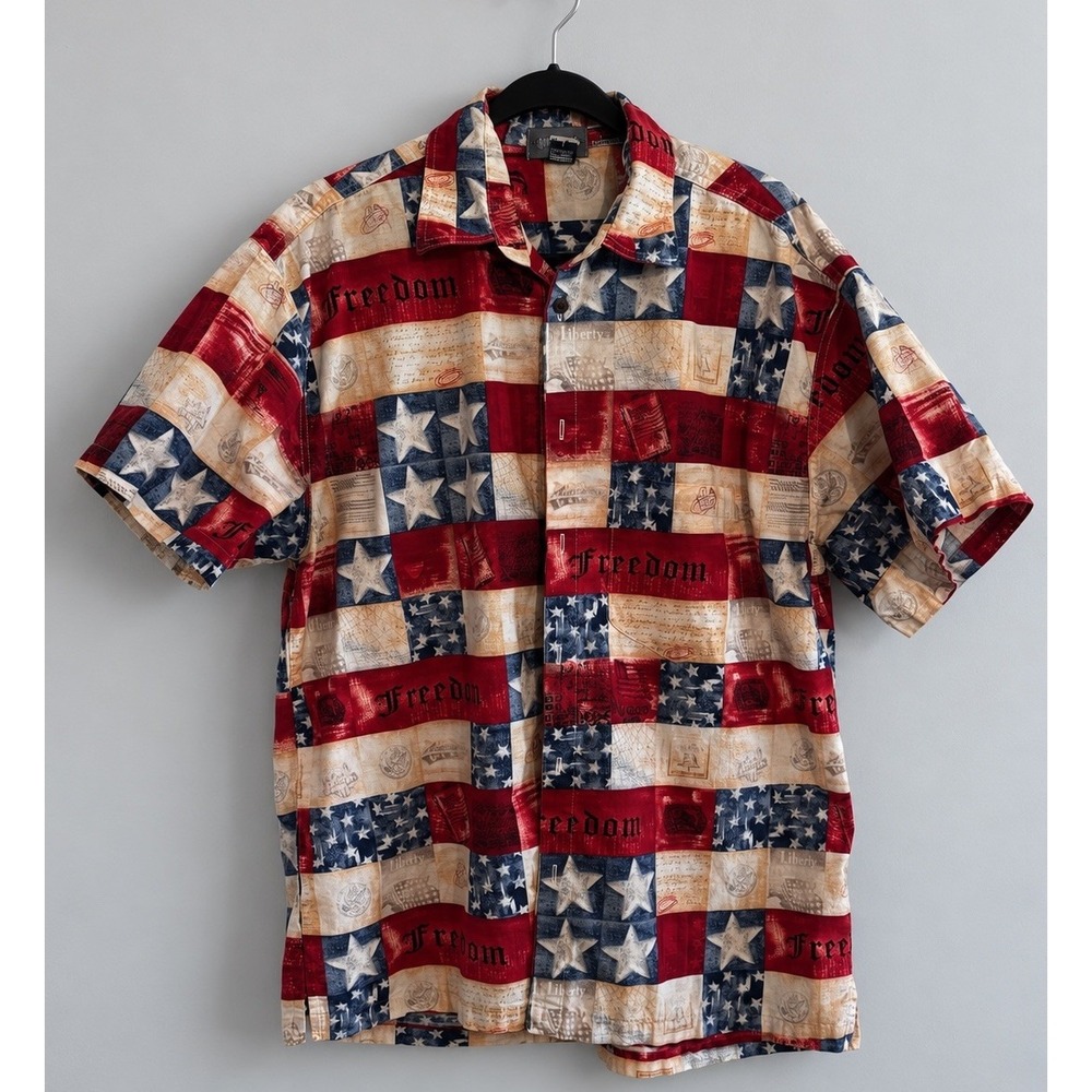 Vintage High Seas Men's L Patriotic American Flag Freedom Hawaiian Shirt US